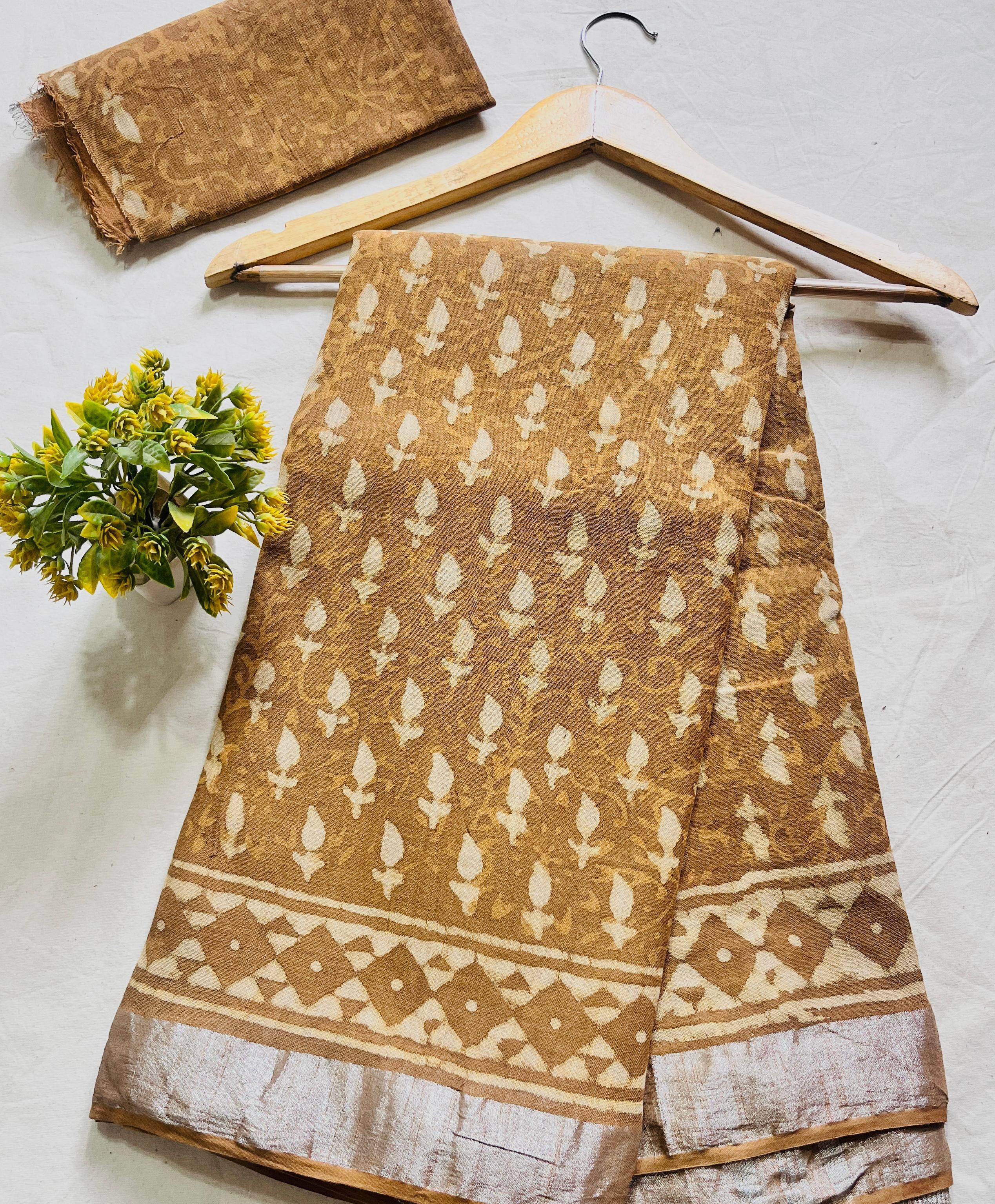 Mustard Paisley Booty Saree – Handcrafted cotton linen handblock printed saree wholesale for designers and boutiques